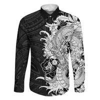 Hawaiian And Japanese Culture Family Matching Off Shoulder Short Dress and Hawaiian Shirt Irezumi Dragon With Polynesian Pattern Black LT05 Dad's Shirt - Long Sleeve Black - Polynesian Pride