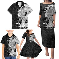 Hawaiian And Japanese Culture Family Matching Puletasi and Hawaiian Shirt Irezumi Dragon With Polynesian Pattern Black - Polynesian Pride