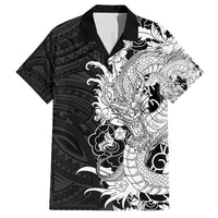 Hawaiian And Japanese Culture Family Matching Puletasi and Hawaiian Shirt Irezumi Dragon With Polynesian Pattern Black - Polynesian Pride