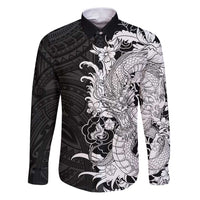Hawaiian And Japanese Culture Family Matching Puletasi and Hawaiian Shirt Irezumi Dragon With Polynesian Pattern Black - Polynesian Pride
