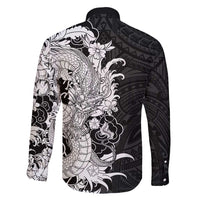 Hawaiian And Japanese Culture Family Matching Short Sleeve Bodycon Dress and Hawaiian Shirt Irezumi Dragon With Polynesian Pattern Black - Polynesian Pride