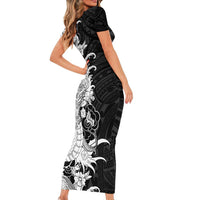 Hawaiian And Japanese Culture Family Matching Short Sleeve Bodycon Dress and Hawaiian Shirt Irezumi Dragon With Polynesian Pattern Black - Polynesian Pride