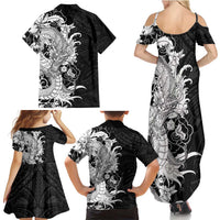 Hawaiian And Japanese Culture Family Matching Summer Maxi Dress and Hawaiian Shirt Irezumi Dragon With Polynesian Pattern Black LT05 - Polynesian Pride