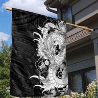 Hawaiian And Japanese Culture Garden Flag Irezumi Dragon With Polynesian Pattern Black - Polynesian Pride