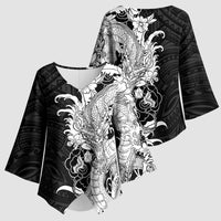 Hawaiian And Japanese Culture Kimono Sleeve Blouse Irezumi Dragon With Polynesian Pattern Black - Polynesian Pride