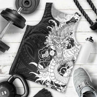 Hawaiian And Japanese Culture Men Tank Top Irezumi Dragon With Polynesian Pattern Black - Polynesian Pride