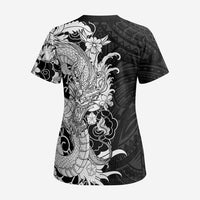 Hawaiian And Japanese Culture Scrub Top Irezumi Dragon With Polynesian Pattern Black - Polynesian Pride