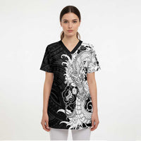 Hawaiian And Japanese Culture Scrub Top Irezumi Dragon With Polynesian Pattern Black - Polynesian Pride