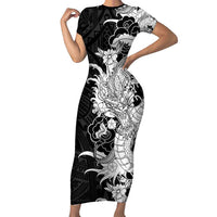 Hawaiian And Japanese Culture Short Sleeve Bodycon Dress Irezumi Dragon With Polynesian Pattern Black - Polynesian Pride