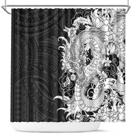 Hawaiian And Japanese Culture Shower Curtain Irezumi Dragon With Polynesian Pattern Black - Polynesian Pride