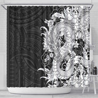 Hawaiian And Japanese Culture Shower Curtain Irezumi Dragon With Polynesian Pattern Black - Polynesian Pride