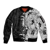 Hawaiian And Japanese Culture Sleeve Zip Bomber Jacket Irezumi Dragon With Polynesian Pattern Black - Polynesian Pride
