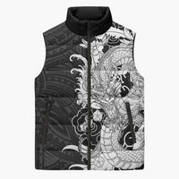 Hawaiian And Japanese Culture Sleeveless Puffer Jacket Irezumi Dragon With Polynesian Pattern Black - Polynesian Pride