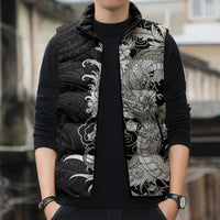 Hawaiian And Japanese Culture Sleeveless Puffer Jacket Irezumi Dragon With Polynesian Pattern Black - Polynesian Pride
