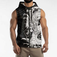 Hawaiian And Japanese Culture Sleeveless Zip Hoodie Irezumi Dragon With Polynesian Pattern Black - Polynesian Pride