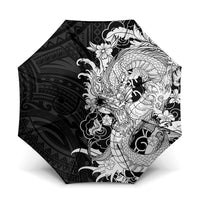 Hawaiian And Japanese Culture Umbrella Irezumi Dragon With Polynesian Pattern Black - Polynesian Pride