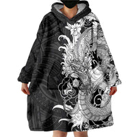 Hawaiian And Japanese Culture Wearable Blanket Hoodie Irezumi Dragon With Polynesian Pattern Black - Polynesian Pride