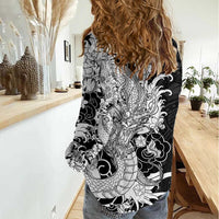 Hawaiian And Japanese Culture Women Casual Shirt Irezumi Dragon With Polynesian Pattern Black - Polynesian Pride