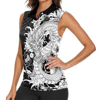Hawaiian And Japanese Culture Women Sleeveless Polo Shirt Irezumi Dragon With Polynesian Pattern Black - Polynesian Pride