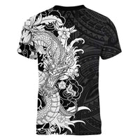 Hawaiian And Japanese Culture Women V-Neck T-Shirt Irezumi Dragon With Polynesian Pattern Black LT05 - Polynesian Pride