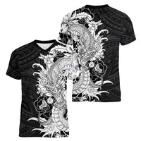 Hawaiian And Japanese Culture Women V-Neck T-Shirt Irezumi Dragon With Polynesian Pattern Black LT05 - Polynesian Pride