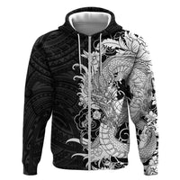 Hawaiian And Japanese Culture Zip Hoodie Irezumi Dragon With Polynesian Pattern Black - Polynesian Pride