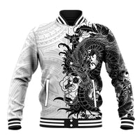 Hawaiian And Japanese Culture Baseball Jacket Irezumi Dragon With Polynesian Pattern White - Polynesian Pride