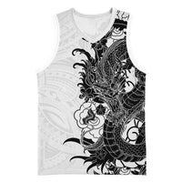 Hawaiian And Japanese Culture Basketball Jersey Irezumi Dragon With Polynesian Pattern White - Polynesian Pride