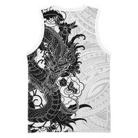 Hawaiian And Japanese Culture Basketball Jersey Irezumi Dragon With Polynesian Pattern White - Polynesian Pride
