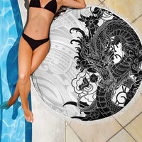 Hawaiian And Japanese Culture Beach Blanket Irezumi Dragon With Polynesian Pattern White - Polynesian Pride