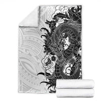 Hawaiian And Japanese Culture Blanket Irezumi Dragon With Polynesian Pattern White - Polynesian Pride