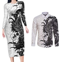 Hawaiian And Japanese Culture Couples Matching Long Sleeve Bodycon Dress and Long Sleeve Button Shirt Irezumi Dragon With Polynesian Pattern White - Polynesian Pride
