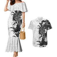 Hawaiian And Japanese Culture Couples Matching Mermaid Dress and Hawaiian Shirt Irezumi Dragon With Polynesian Pattern White - Polynesian Pride
