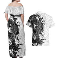 Hawaiian And Japanese Culture Couples Matching Off Shoulder Maxi Dress and Hawaiian Shirt Irezumi Dragon With Polynesian Pattern White LT05 - Polynesian Pride
