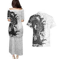 Hawaiian And Japanese Culture Couples Matching Puletasi and Hawaiian Shirt Irezumi Dragon With Polynesian Pattern White LT05 - Polynesian Pride