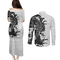 Hawaiian And Japanese Culture Couples Matching Puletasi and Long Sleeve Button Shirt Irezumi Dragon With Polynesian Pattern White LT05 - Polynesian Pride