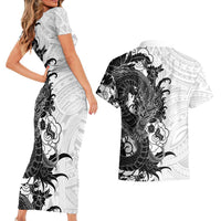 Hawaiian And Japanese Culture Couples Matching Short Sleeve Bodycon Dress and Hawaiian Shirt Irezumi Dragon With Polynesian Pattern White - Polynesian Pride