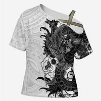 Hawaiian And Japanese Culture Cross Shoulder Shirt Irezumi Dragon With Polynesian Pattern White - Polynesian Pride