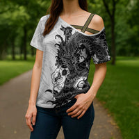 Hawaiian And Japanese Culture Cross Shoulder Shirt Irezumi Dragon With Polynesian Pattern White - Polynesian Pride