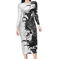 Hawaiian And Japanese Culture Family Matching Long Sleeve Bodycon Dress and Hawaiian Shirt Irezumi Dragon With Polynesian Pattern White - Polynesian Pride