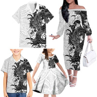 Hawaiian And Japanese Culture Family Matching Off The Shoulder Long Sleeve Dress and Hawaiian Shirt Irezumi Dragon With Polynesian Pattern White - Polynesian Pride