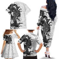 Hawaiian And Japanese Culture Family Matching Off The Shoulder Long Sleeve Dress and Hawaiian Shirt Irezumi Dragon With Polynesian Pattern White LT05 - Polynesian Pride