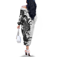 Hawaiian And Japanese Culture Family Matching Off The Shoulder Long Sleeve Dress and Hawaiian Shirt Irezumi Dragon With Polynesian Pattern White - Polynesian Pride