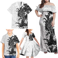 Hawaiian And Japanese Culture Family Matching Off Shoulder Maxi Dress and Hawaiian Shirt Irezumi Dragon With Polynesian Pattern White - Polynesian Pride