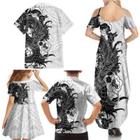 Hawaiian And Japanese Culture Family Matching Summer Maxi Dress and Hawaiian Shirt Irezumi Dragon With Polynesian Pattern White - Polynesian Pride
