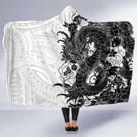 Hawaiian And Japanese Culture Hooded Blanket Irezumi Dragon With Polynesian Pattern White - Polynesian Pride
