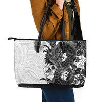 Hawaiian And Japanese Culture Leather Tote Bag Irezumi Dragon With Polynesian Pattern White - Polynesian Pride