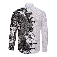 Hawaiian And Japanese Culture Long Sleeve Button Shirt Irezumi Dragon With Polynesian Pattern White - Polynesian Pride