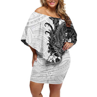 Hawaiian And Japanese Culture Off Shoulder Short Dress Irezumi Dragon With Polynesian Pattern White - Polynesian Pride