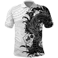 Hawaiian And Japanese Culture Polo Shirt Irezumi Dragon With Polynesian Pattern White - Polynesian Pride